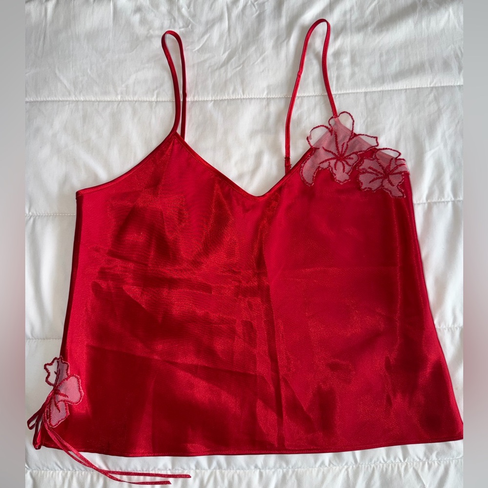 Silk Red Floral Camisole Top sexy straps satin mesh details